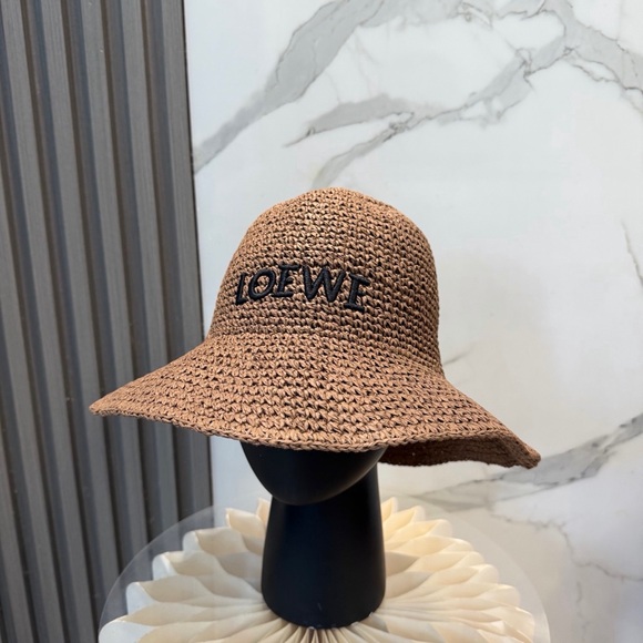 LOEWE Brown Raffia Bucket Hat Leather Anagram Logo Straw Ibiza Summer Coffee Tan - Picture 3 of 8
